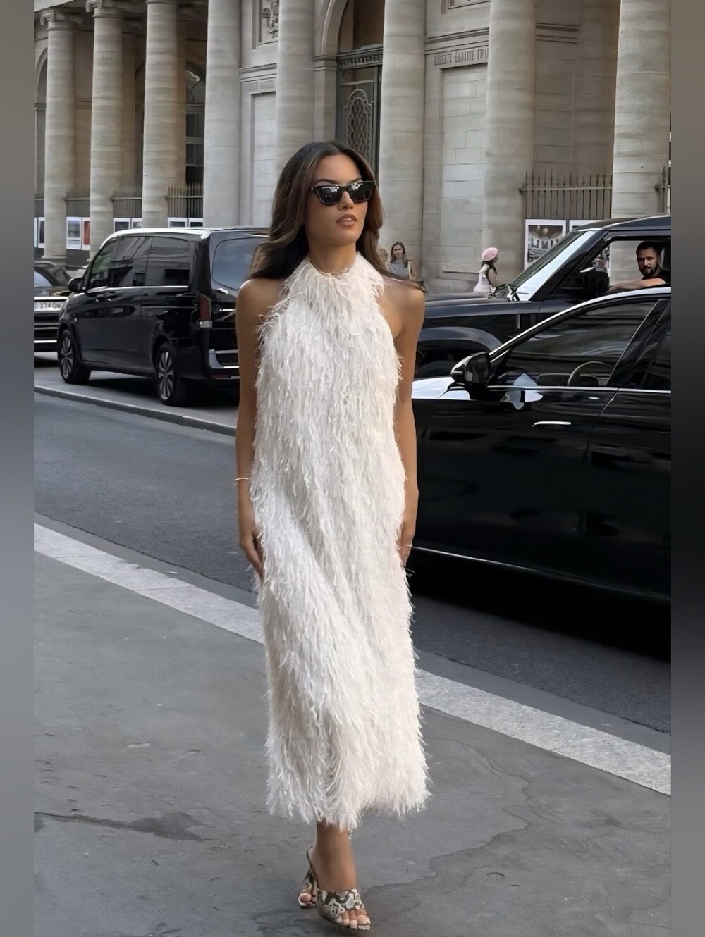 Zara White Feather-Trim Halter Maxi Dress